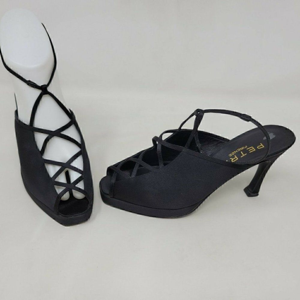 PETRA FIRENZE BLACK SATIN STRAPPY PEEP TOE ANKLE STRAP HEELS WOMENS SIZE 6 M